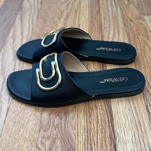 Off-White Paperclip Leather Sandals Black Gold Women’s Size 37 - Picture 2 of 9